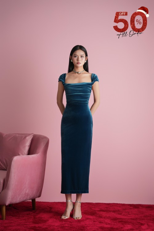 Đầm Bút Chì Xanh cổ vịt đậm